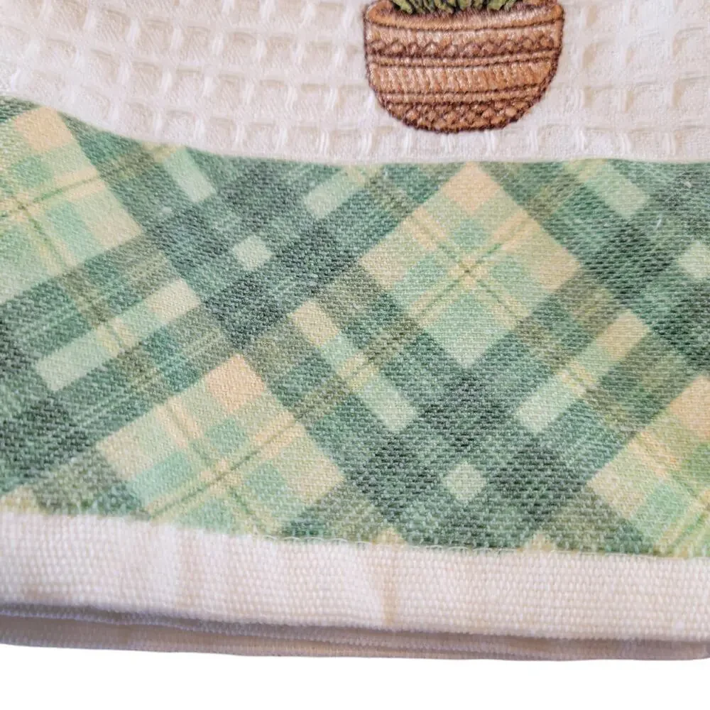 4 Cactus Kitchen Towels Lavien Embroidered Waffle Cotton Blend 16x24 Green Plaid